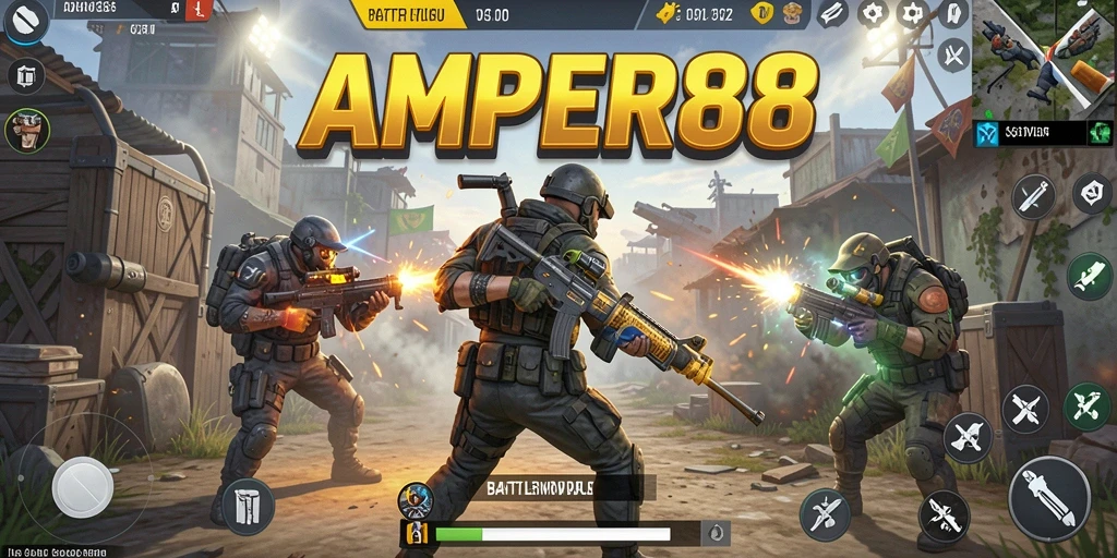 Screenshot gameplay AMPER88 menampilkan aksi pertempuran seru di medan Battle Royale.
