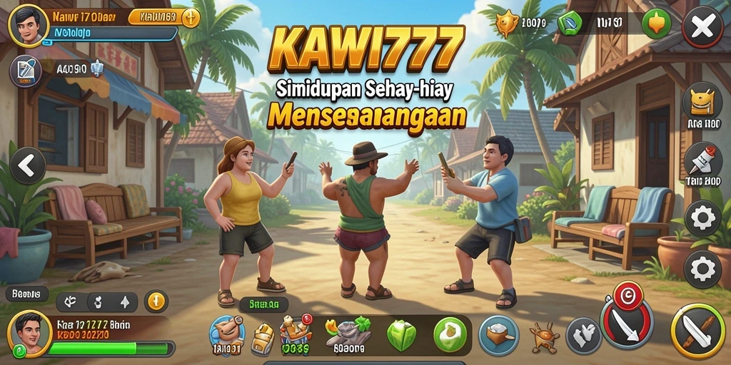 Tampilan gameplay menarik KAWI777 dengan karakter yang sedang beraktivitas.