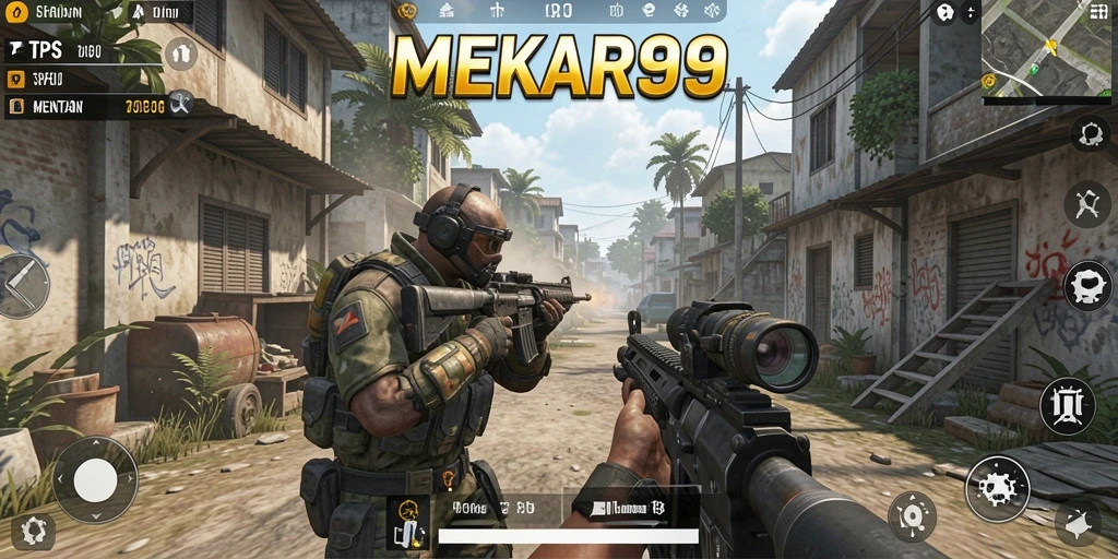 Screenshot menampilkan aksi pertempuran seru dalam MEKAR99.