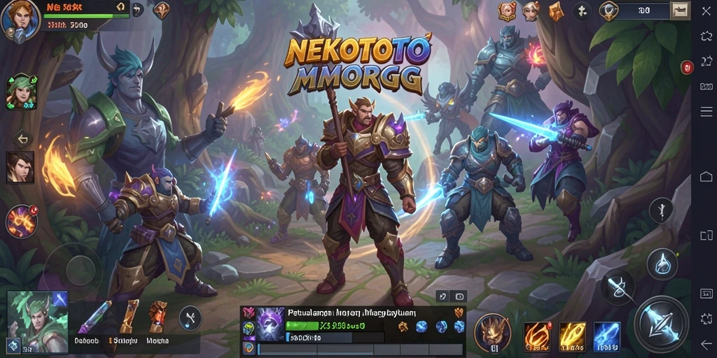 Tangkapan layar gameplay NEKOTOTO dengan pertempuran seru dalam dunia MMORPG.