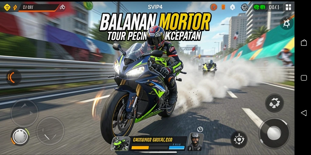 Gameplay mendebarkan SVIP4 dengan balapan motor cepat.