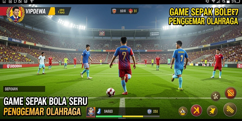 Tampilan gameplay VIPDEWA menampilkan aksi pertandingan sepak bola yang mendebarkan.